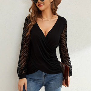 Solid color French splicing lace lantern sleeves loose cross T-shirt - Negative Apparel