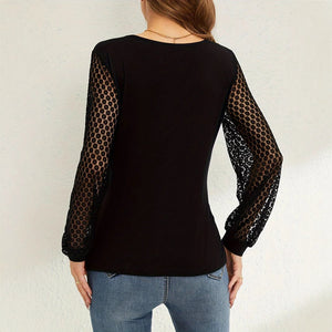 Solid color French splicing lace lantern sleeves loose cross T-shirt - Negative Apparel