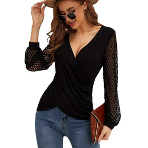 Solid color French splicing lace lantern sleeves loose cross T-shirt - Negative Apparel