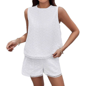 Solid Color Halter White Burning Flower Embroidered Vest Shorts Women's Summer Set Two - piece Set - Negative Apparel