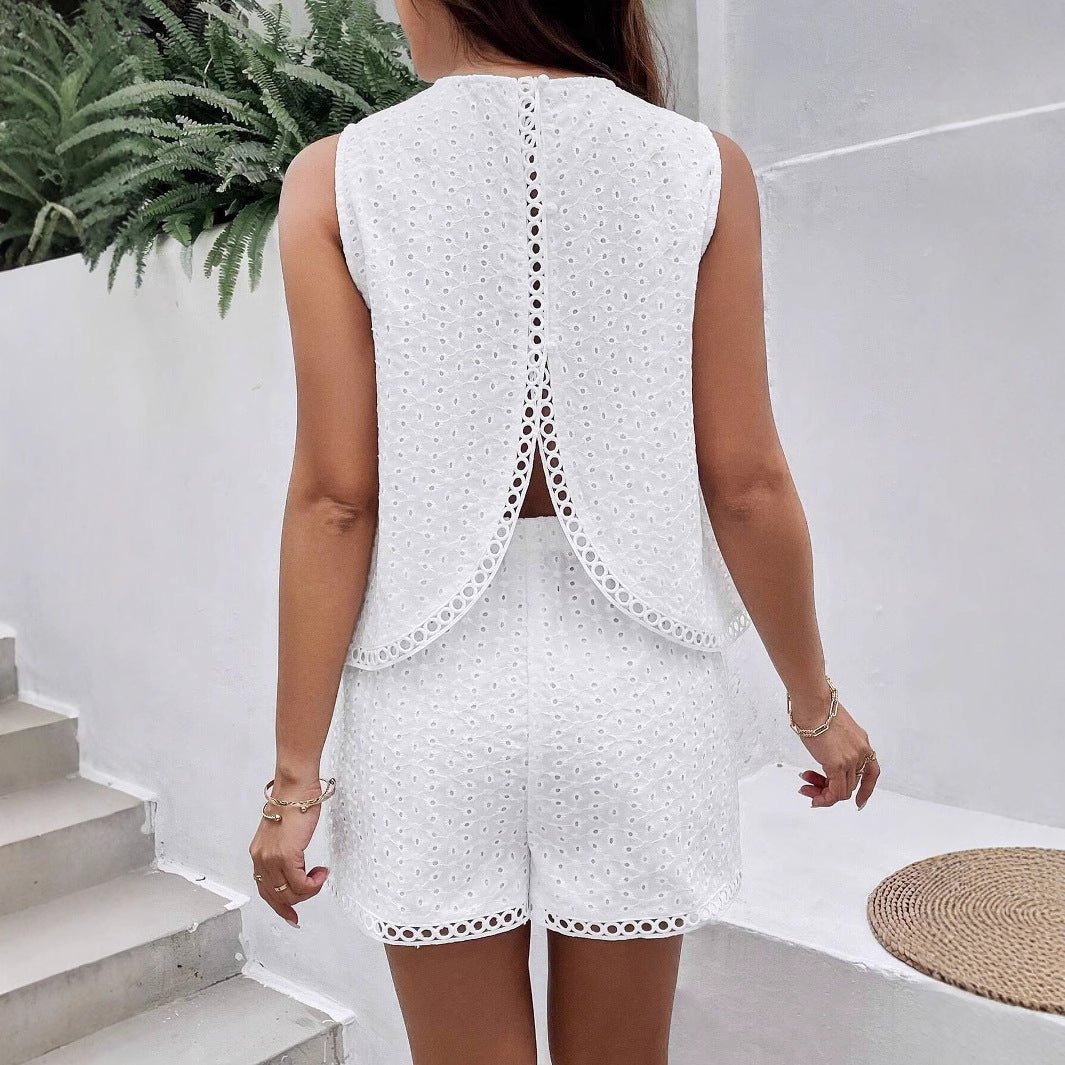 Solid Color Halter White Burning Flower Embroidered Vest Shorts Women's Summer Set Two - piece Set - Negative Apparel