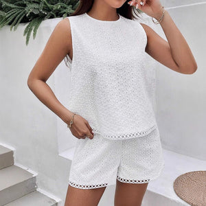 Solid Color Halter White Burning Flower Embroidered Vest Shorts Women's Summer Set Two - piece Set - Negative Apparel