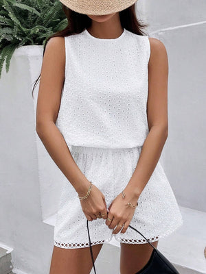 Solid Color Halter White Burning Flower Embroidered Vest Shorts Women's Summer Set Two - piece Set - Negative Apparel