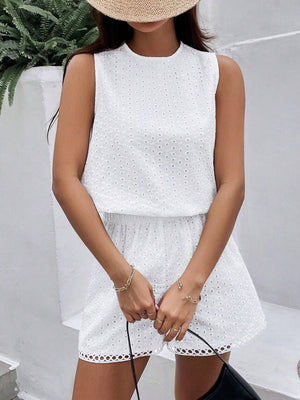 Solid Color Halter White Burning Flower Embroidered Vest Shorts Women's Summer Set Two - piece Set - Negative Apparel