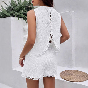 Solid Color Halter White Burning Flower Embroidered Vest Shorts Women's Summer Set Two - piece Set - Negative Apparel