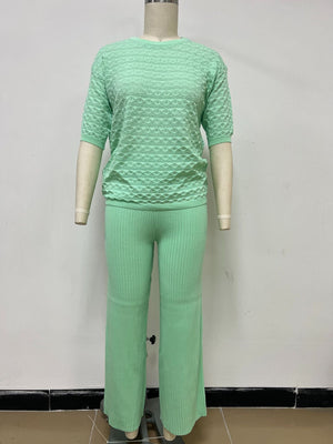 Solid color hollow casual round neck fashion suit short sleeve trousers knitted two - piece set - Negative Apparel