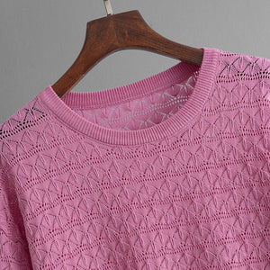 Solid color hollow casual round neck fashion suit short sleeve trousers knitted two - piece set - Negative Apparel