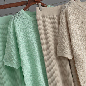 Solid color hollow casual round neck fashion suit short sleeve trousers knitted two - piece set - Negative Apparel