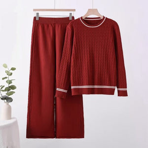 Solid color knitted long - sleeved top wide - leg pants loose and thin suit comfortable co - ord - Negative Apparel