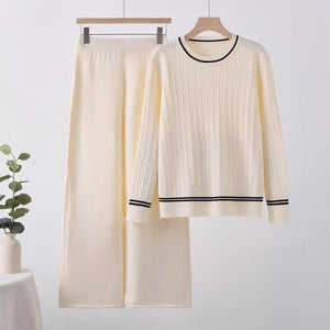 Solid color knitted long - sleeved top wide - leg pants loose and thin suit comfortable co - ord - Negative Apparel