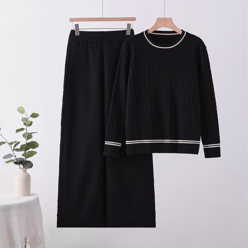Solid color knitted long - sleeved top wide - leg pants loose and thin suit comfortable co - ord - Negative Apparel