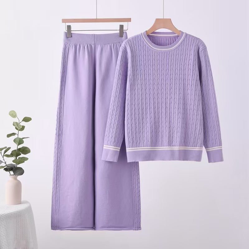 Solid color knitted long - sleeved top wide - leg pants loose and thin suit comfortable co - ord - Negative Apparel