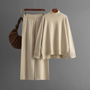 Solid color knitted semi - turtleneck slit sweater set women's casual sweater two - piece set - Negative Apparel