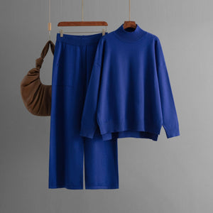 Solid color knitted semi - turtleneck slit sweater set women's casual sweater two - piece set - Negative Apparel