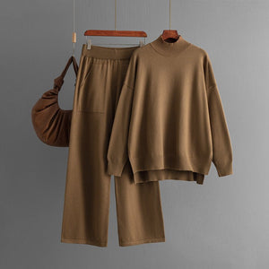 Solid color knitted semi - turtleneck slit sweater set women's casual sweater two - piece set - Negative Apparel