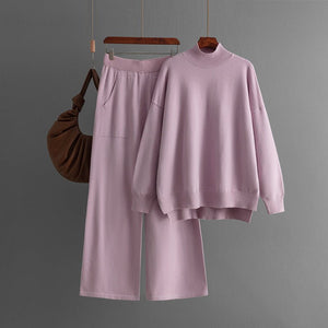 Solid color knitted semi - turtleneck slit sweater set women's casual sweater two - piece set - Negative Apparel