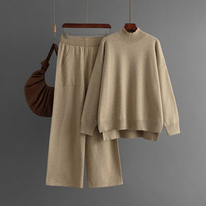 Solid color knitted semi - turtleneck slit sweater set women's casual sweater two - piece set - Negative Apparel