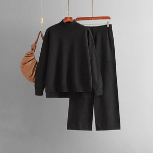 Solid color knitted semi - turtleneck slit sweater set women's casual sweater two - piece set - Negative Apparel