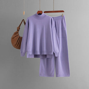 Solid color knitted semi - turtleneck slit sweater set women's casual sweater two - piece set - Negative Apparel