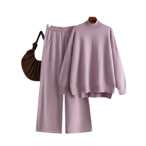 Solid color knitted semi - turtleneck slit sweater set women's casual sweater two - piece set - Negative Apparel