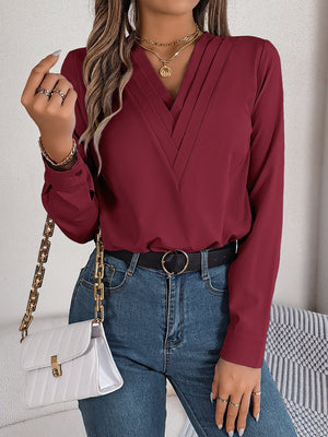 Solid color layered V - neck long - sleeved shirt - Negative Apparel