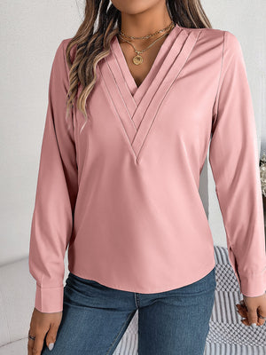 Solid color layered V - neck long - sleeved shirt - Negative Apparel