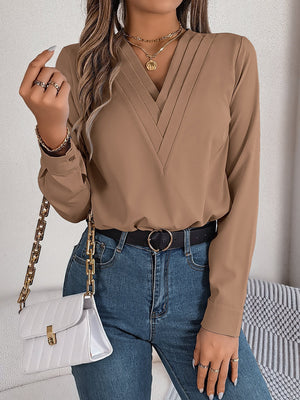 Solid color layered V - neck long - sleeved shirt - Negative Apparel
