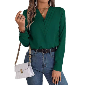 Solid color layered V - neck long - sleeved shirt - Negative Apparel