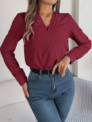 Solid color layered V - neck long - sleeved shirt - Negative Apparel