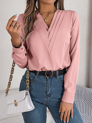 Solid color layered V - neck long - sleeved shirt - Negative Apparel