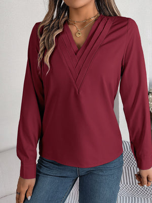 Solid color layered V - neck long - sleeved shirt - Negative Apparel