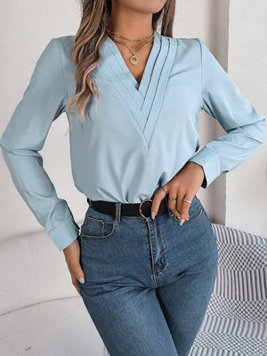 Solid color layered V - neck long - sleeved shirt - Negative Apparel