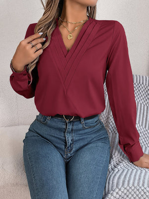 Solid color layered V - neck long - sleeved shirt - Negative Apparel