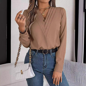 Solid color layered V - neck long - sleeved shirt - Negative Apparel