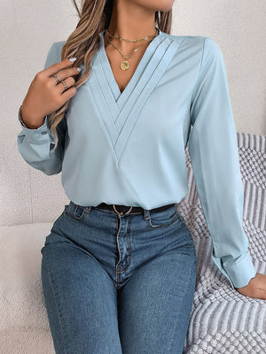 Solid color layered V - neck long - sleeved shirt - Negative Apparel