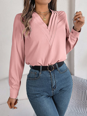 Solid color layered V - neck long - sleeved shirt - Negative Apparel