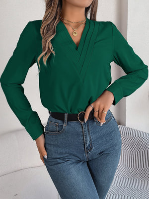 Solid color layered V - neck long - sleeved shirt - Negative Apparel