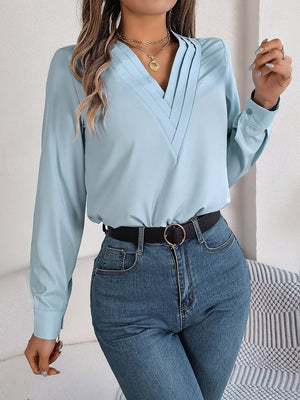 Solid color layered V - neck long - sleeved shirt - Negative Apparel