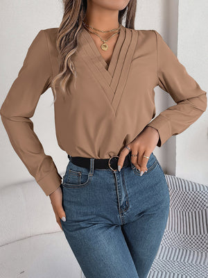 Solid color layered V - neck long - sleeved shirt - Negative Apparel