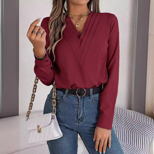 Solid color layered V - neck long - sleeved shirt - Negative Apparel