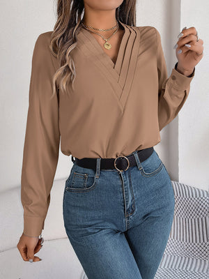 Solid color layered V - neck long - sleeved shirt - Negative Apparel