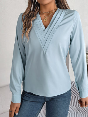 Solid color layered V - neck long - sleeved shirt - Negative Apparel
