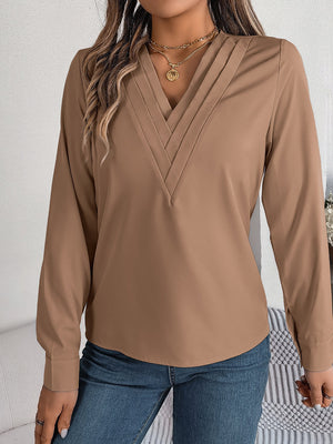 Solid color layered V - neck long - sleeved shirt - Negative Apparel