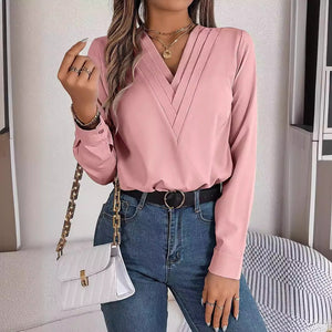 Solid color layered V - neck long - sleeved shirt - Negative Apparel
