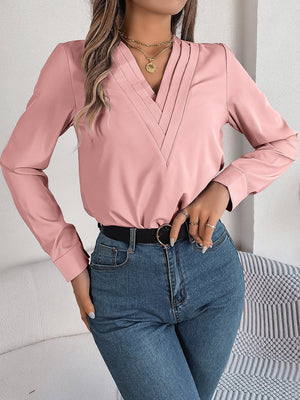 Solid color layered V - neck long - sleeved shirt - Negative Apparel