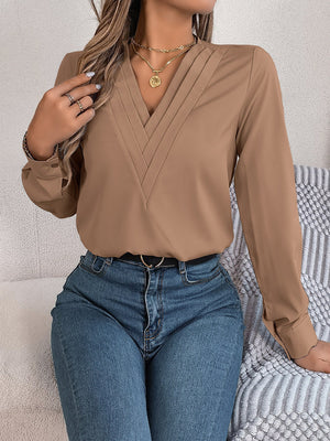 Solid color layered V - neck long - sleeved shirt - Negative Apparel
