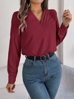 Solid color layered V - neck long - sleeved shirt - Negative Apparel