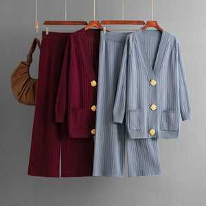 Solid color loose metal button cardigan set + wide - leg pants two - piece set for women - Negative Apparel