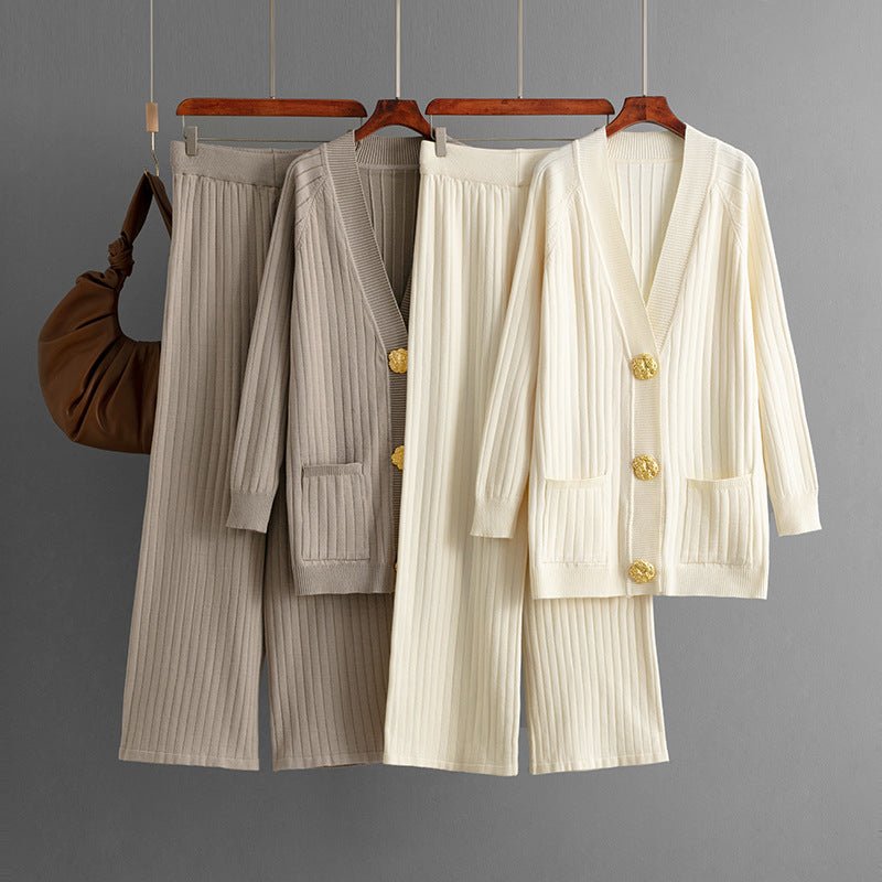 Solid color loose metal button cardigan set + wide - leg pants two - piece set for women - Negative Apparel