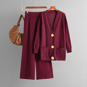 Solid color loose metal button cardigan set + wide - leg pants two - piece set for women - Negative Apparel